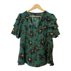 Who What Wear Green Floral Blouse with Ruffle Sleeves Size XL